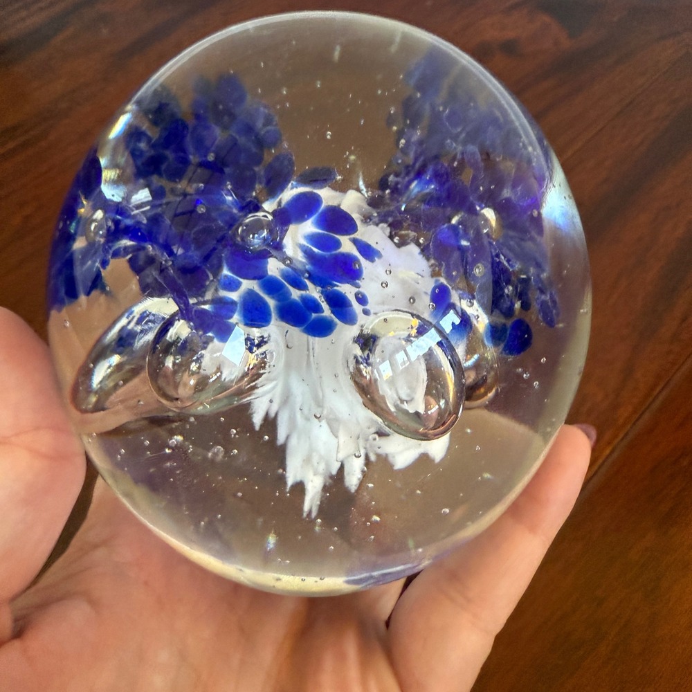 Murano Style Blue & White Hand-Blown Art Glass Paperweight Floral Burst Dome